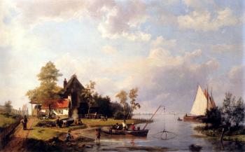 約翰內斯 赫曼努斯 庫庫尅 A River Landscape With A Ferry And Figures Mending A Boat 約翰內斯 赫曼努斯 庫庫尅 A River Landscape With A Ferry And Figures Mending A Boat